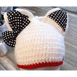 Neff Hello Kitty Style Crochet Beanie Cat Ears Polka Dot Bow White Red Trim